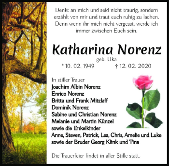 Traueranzeige von Katharina Norenz (geb. Uka)  von Magdeburger Volksstimme