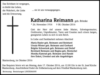Traueranzeige von Katharina Reimann (geb. Brieske)  von Magdeburger Volksstimme