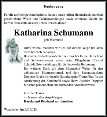 Traueranzeige von Katharina Schumann (geb. Bierbusse)  von Magdeburger Volksstimme