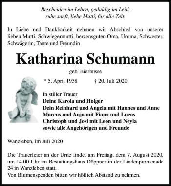 Traueranzeige von Katharina Schumann (geb. Bierbüsse)  von Magdeburger Volksstimme