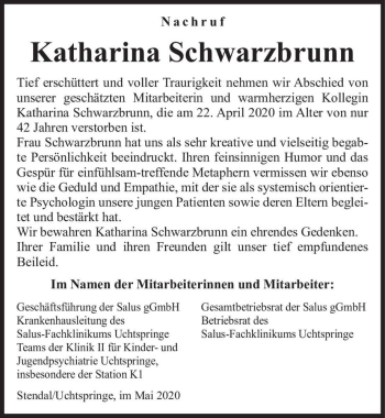 Traueranzeige von Katharina Schwarzbrunn  von Magdeburger Volksstimme