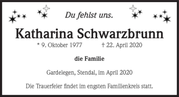 Traueranzeige von Katharina Schwarzbrunn  von Magdeburger Volksstimme