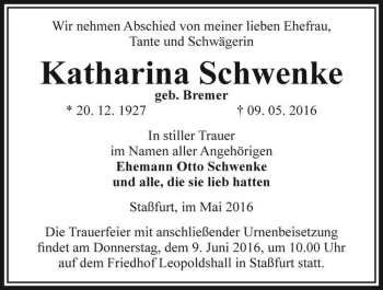 Traueranzeige von Katharina Schwenke (geb. Bremer)  von Magdeburger Volksstimme