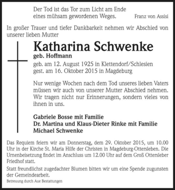 Traueranzeige von Katharina Schwenke (geb. Hoffmann)  von Magdeburger Volksstimme
