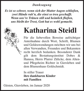 Traueranzeige von Katharina Steidl  von Magdeburger Volksstimme