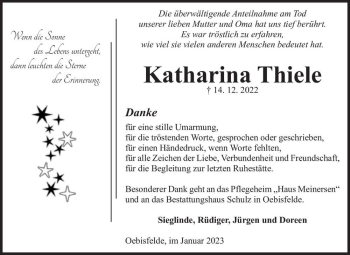 Traueranzeige von Katharina Thiele  von Magdeburger Volksstimme
