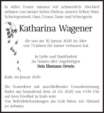Traueranzeige von Katharina Wagener  von Magdeburger Volksstimme