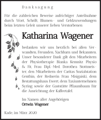 Traueranzeige von Katharina Wagener  von Magdeburger Volksstimme