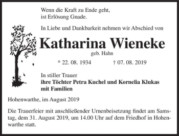Traueranzeige von Katharina Wieneke (geb. Hahn)  von Magdeburger Volksstimme