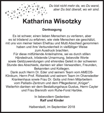 Traueranzeige von Katharina Wisotzky  von Magdeburger Volksstimme