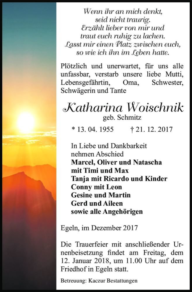  Traueranzeige für Katharina Woischnik (geb. Schmitz)  vom 28.12.2017 aus Magdeburger Volksstimme