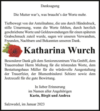 Traueranzeige von Katharina Wurch  von Magdeburger Volksstimme