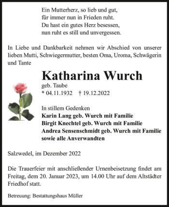 Traueranzeige von Katharina Wurch (geb. Taube)  von Magdeburger Volksstimme