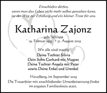 Traueranzeige von Katharina Zajonz (geb. Schlapp)  von Magdeburger Volksstimme