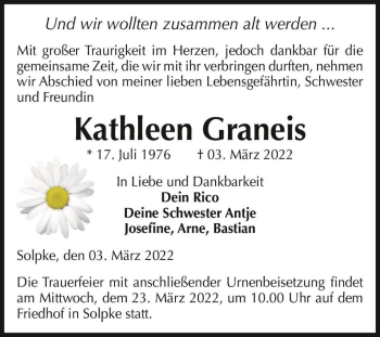 Traueranzeige von Kathleen Graneis  von Magdeburger Volksstimme