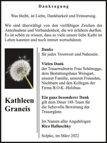 Traueranzeige von Kathleen Graneis  von Magdeburger Volksstimme