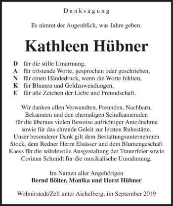 Traueranzeige von Kathleen Hübner  von Magdeburger Volksstimme