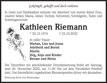 Traueranzeige von Kathleen Riemann  von Magdeburger Volksstimme