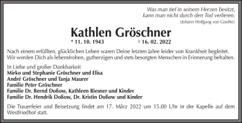 Traueranzeige von Kathlen Gröschner  von Magdeburger Volksstimme