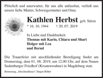 Traueranzeige von Kathlen Herbst (geb. Süren)  von Magdeburger Volksstimme