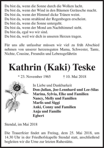 Traueranzeige von Kathrin (Kaki) Teske  von Magdeburger Volksstimme