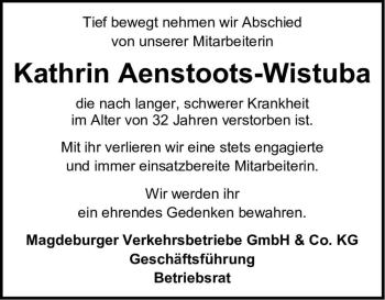 Traueranzeige von Kathrin Aenstoots-Wistuba  von Magdeburger Volksstimme