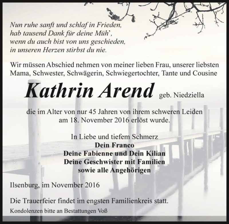  Traueranzeige für Kathrin Arend (geb. Niedzilla)  vom 26.11.2016 aus Magdeburger Volksstimme