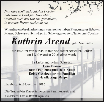 Traueranzeige von Kathrin Arend (geb. Niedzilla)  von Magdeburger Volksstimme
