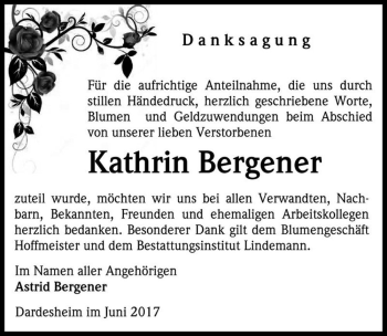 Traueranzeige von Kathrin Bergener  von Magdeburger Volksstimme