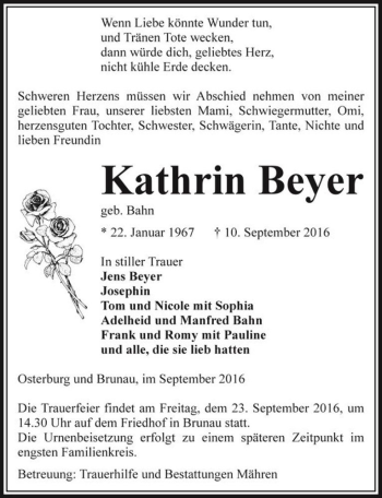 Traueranzeige von Kathrin Beyer (geb. Bahn)  von Magdeburger Volksstimme