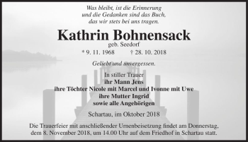 Traueranzeige von Kathrin Bohnensack (geb. Seedorf)  von Magdeburger Volksstimme