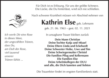 Traueranzeige von Kathrin Else (geb. Lehmann)  von Magdeburger Volksstimme