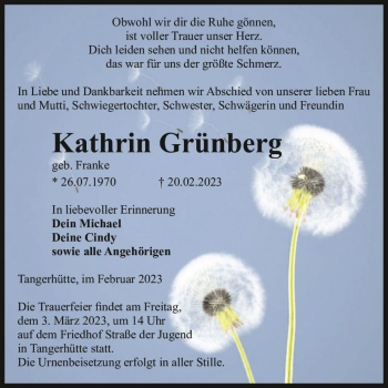 Traueranzeige von Kathrin Grünberg (geb. Franke)  von Magdeburger Volksstimme