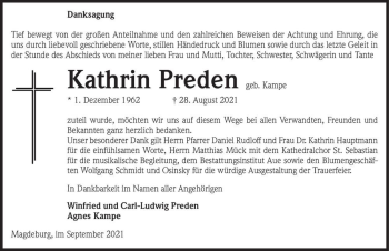 Traueranzeige von Kathrin Preden (geb. Kampe)  von Magdeburger Volksstimme
