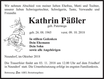 Traueranzeige von Kathrin Päßler (geb. Paternoga)  von Magdeburger Volksstimme