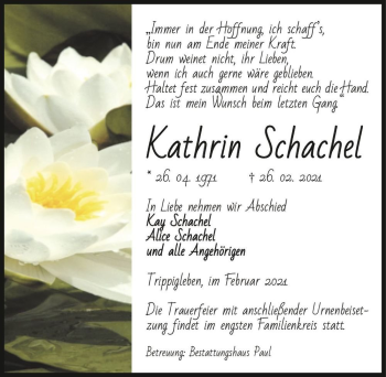 Traueranzeige von Kathrin Schachel  von Magdeburger Volksstimme