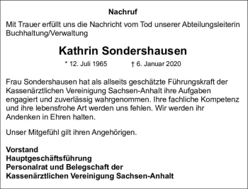 Traueranzeige von Kathrin Sondershausen  von Magdeburger Volksstimme