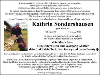 Traueranzeige von Kathrin Sondershausen (geb. Goutier)  von Magdeburger Volksstimme