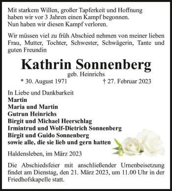 Traueranzeige von Kathrin Sonnenberg (geb. Heinrichs)  von Magdeburger Volksstimme
