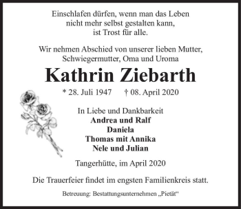 Traueranzeige von Kathrin Ziebarth  von Magdeburger Volksstimme