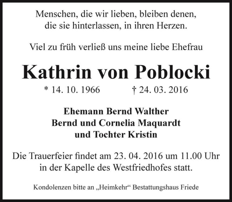  Traueranzeige für Kathrin von Poblocki  vom 09.04.2016 aus Magdeburger Volksstimme