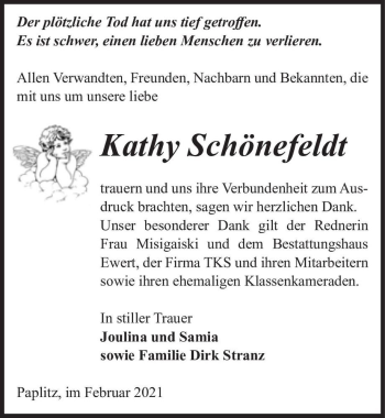 Traueranzeige von Kathy Schönefeldt  von Magdeburger Volksstimme
