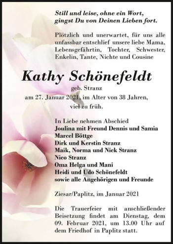 Traueranzeige von Kathy Schönefeldt (geb. Stranz)  von Magdeburger Volksstimme