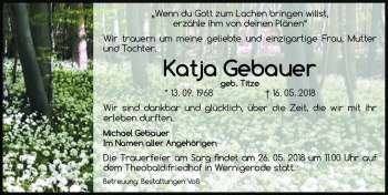 Traueranzeige von Katja Gebauer (geb. Titze)  von Magdeburger Volksstimme