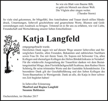 Traueranzeige von Katja Langfeld  von Magdeburger Volksstimme