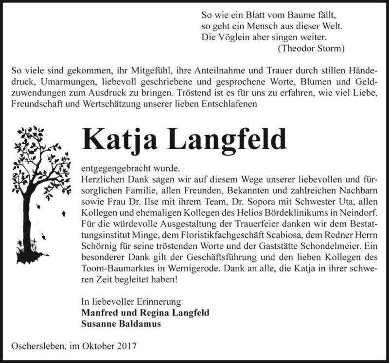  Traueranzeige für Katja Langfeld  vom 04.11.2017 aus Magdeburger Volksstimme