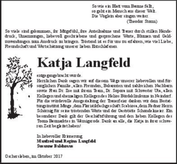 Traueranzeige von Katja Langfeld  von Magdeburger Volksstimme