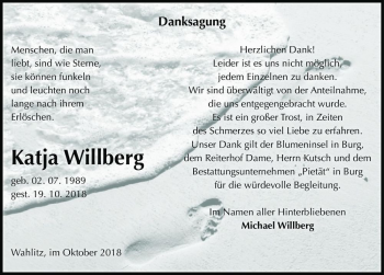 Traueranzeige von Katja Willberg  von Magdeburger Volksstimme