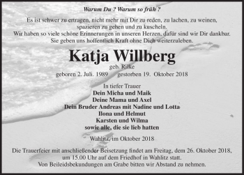 Traueranzeige von Katja Willberg (geb. Rilke)  von Magdeburger Volksstimme