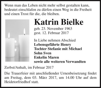 Traueranzeige von Katrin Bielke  von Magdeburger Volksstimme